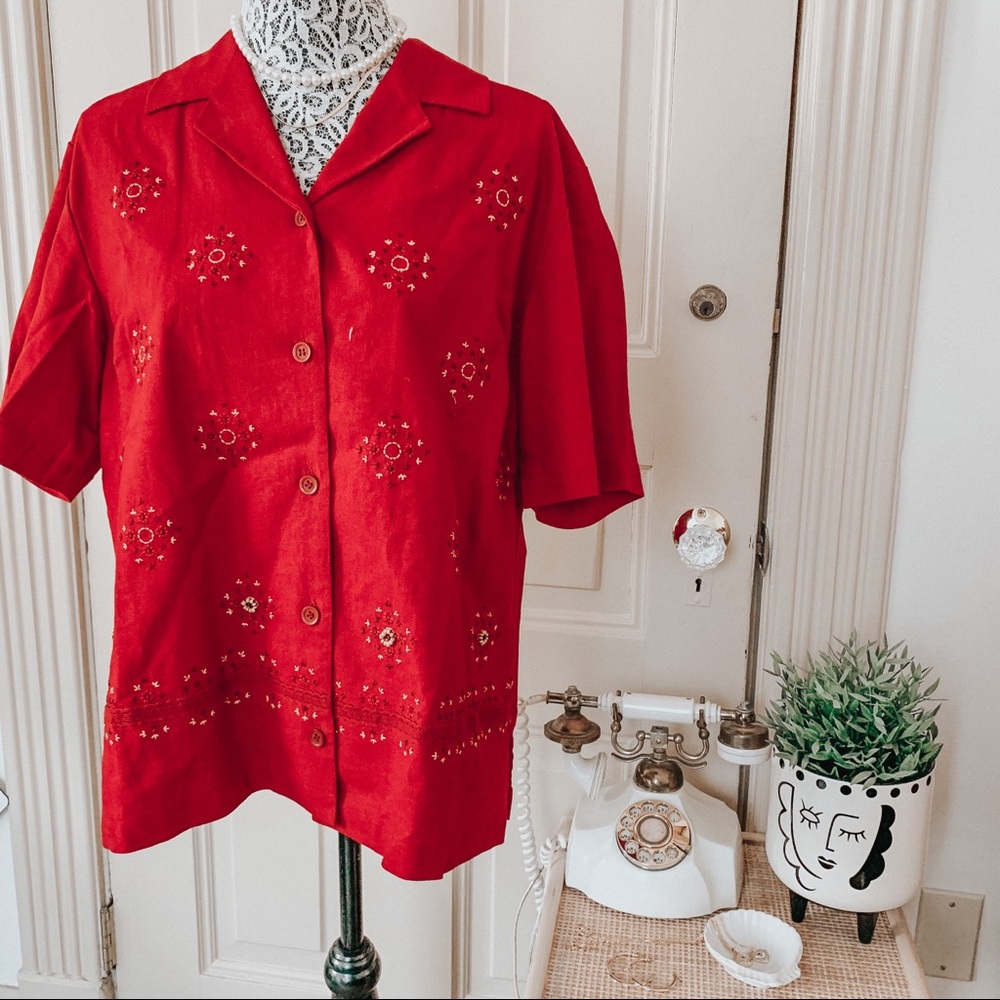 Vintage JM Collection Red Sunny Linen Blouse L